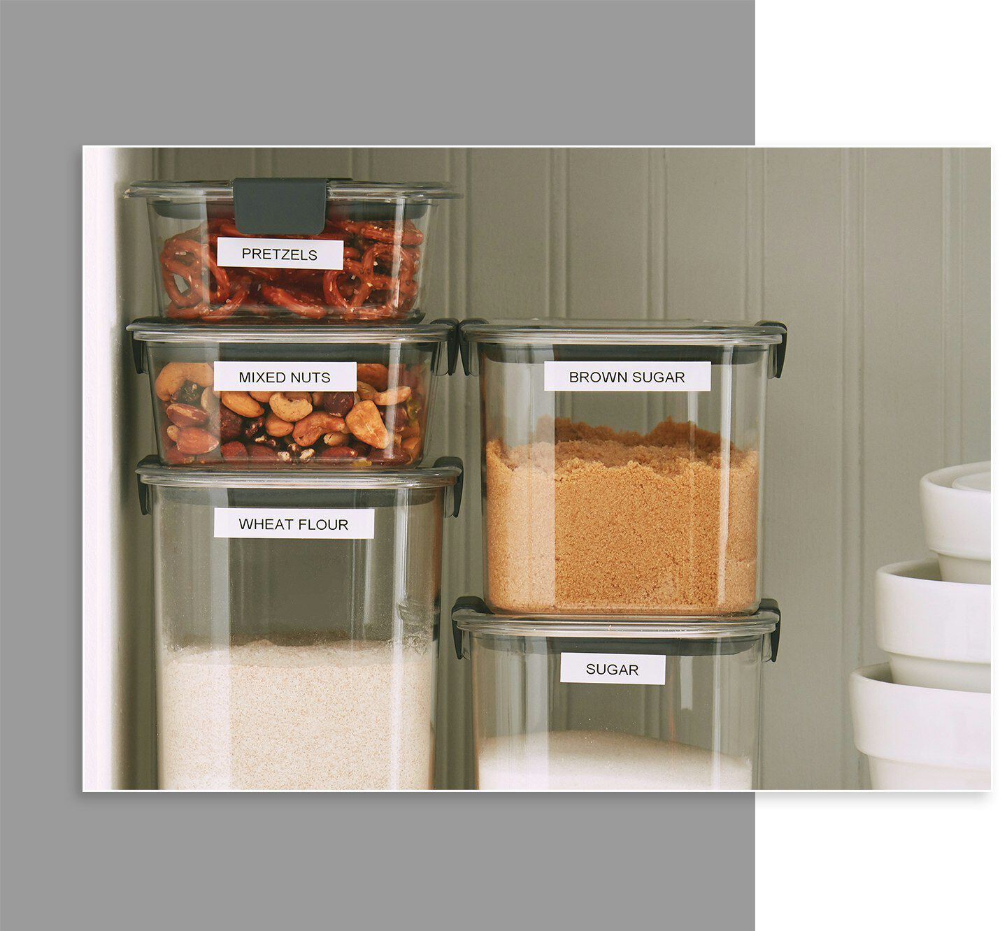 Rubbermaid brilliance pantry food storage containers stacked and labelled